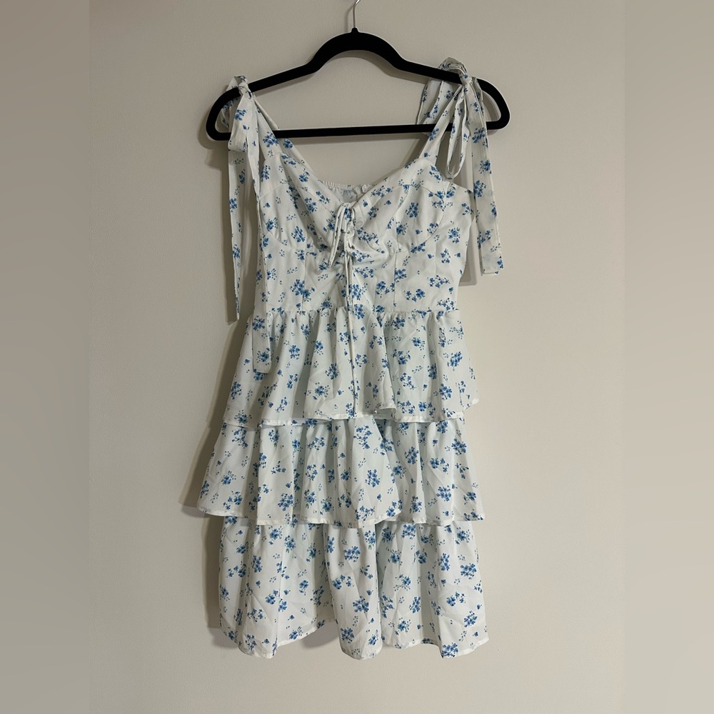 Cider White & Blue DITSY FLORAL LACE UP LAYERED Mini Dress